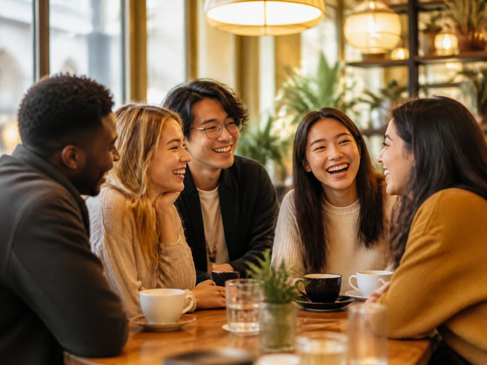 International friends laughing together around a table in a warmly lit cafe