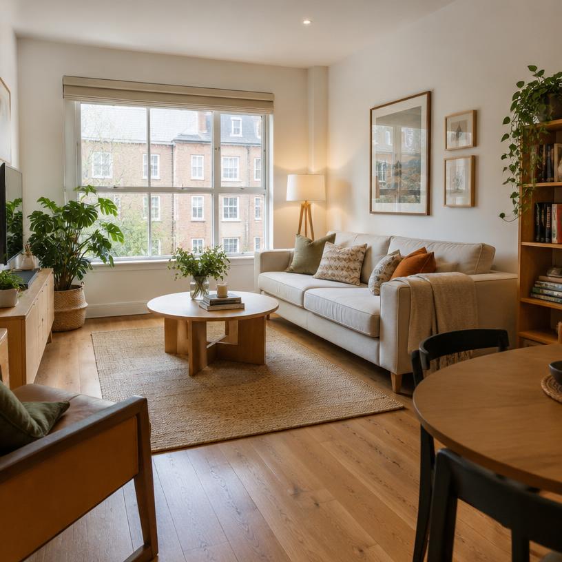 Bright, modern UK rental living room with a sofa, large window and wooden floor